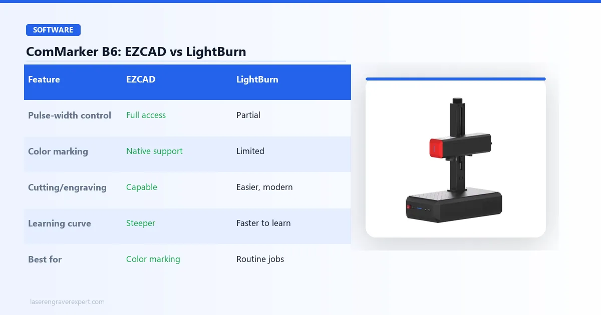 ComMarker B6 software comparison — EZCAD vs LightBurn: MOPA pulse-width control, color marking parameters, and best use case for each