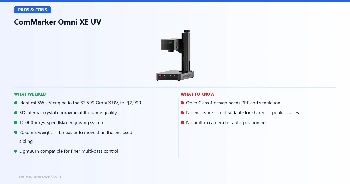 ComMarker Omni XE UV pros and cons — identical 6W engine to Omni X UV for $600 less, versus open Class 4 design and no enclosure