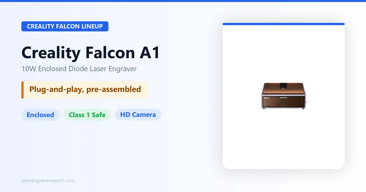 Creality Falcon A1 10W — pre-assembled, fully enclosed Class 1 diode laser engraver with a built-in HD camera