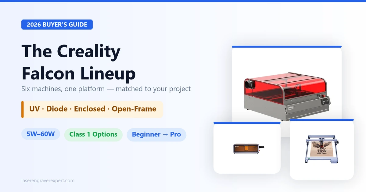 The Creality Falcon lineup — six laser engravers on one platform, from the 5W UV Falcon T1 to the 60W enclosed Falcon2 Pro, spanning UV, diode, enclosed, and open-frame builds