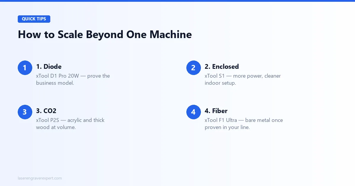 How to scale a laser engraving business beyond one machine — diode, enclosed, CO2, then fiber