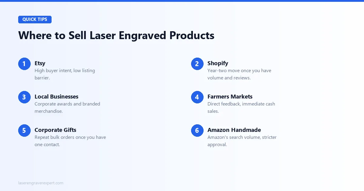 Where to sell laser engraved products — Etsy, Shopify, local businesses, farmers markets, corporate gifts, Amazon Handmade