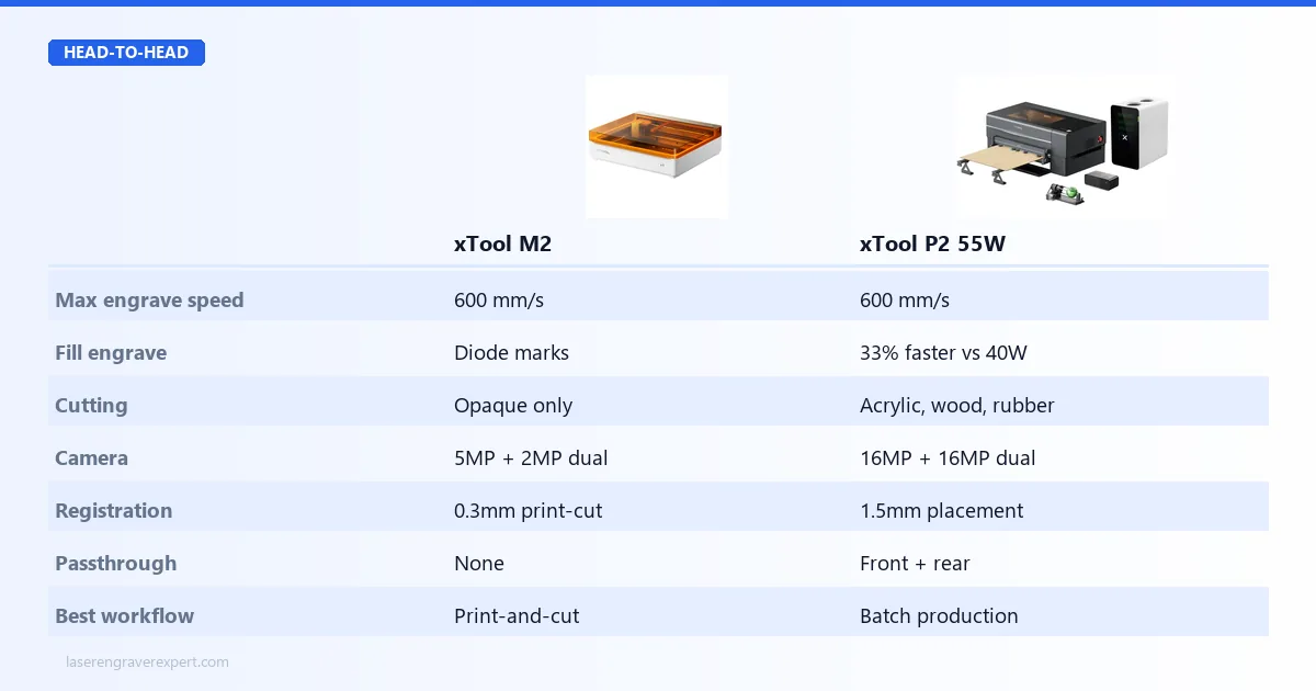 xTool M2 vs xTool P2 performance comparison — 600mm/s engraving speed, 33% faster fill engrave on the P2, opaque-only vs acrylic and wood cutting, 5MP vs 16MP dual cameras, and print-and-cut vs batch production workflow