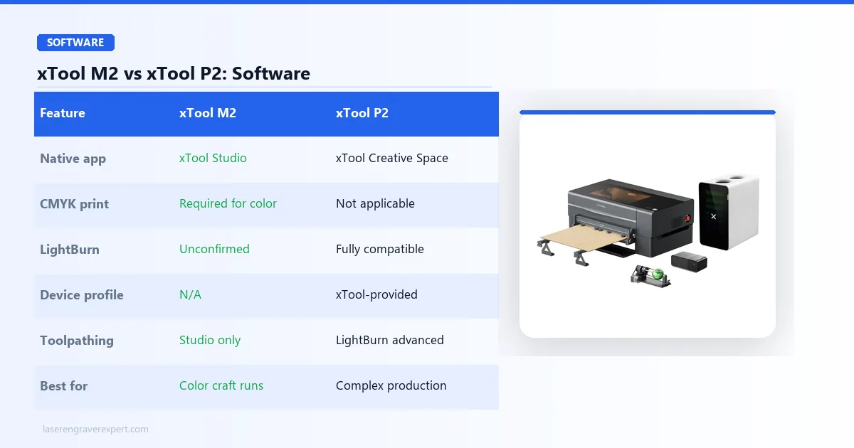 xTool M2 vs xTool P2 software comparison — xTool Studio vs xTool Creative Space, CMYK color print requirement, LightBurn compatibility, device profile, and advanced toolpathing for production