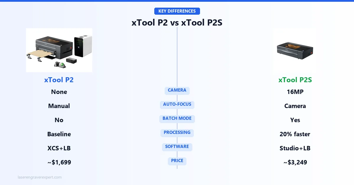 xTool P2 vs xTool P2S key differences — 16MP camera vs none, camera-assisted vs manual auto-focus, batch engraving mode, 20% faster processing, xTool Studio vs Creative Space, and $1,699 vs $3,249 price