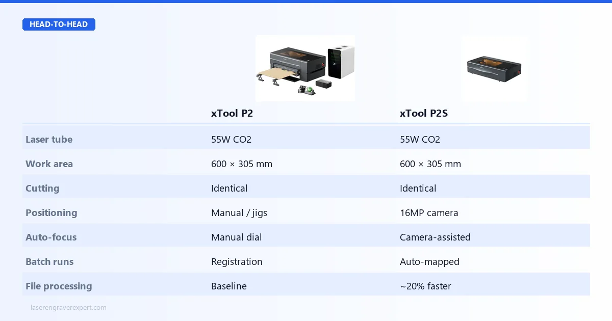 xTool P2 vs xTool P2S performance comparison — identical 55W CO2 tube, 600x305mm work area, and cutting results, with the P2S adding 16MP camera positioning, camera-assisted auto-focus, auto-mapped batch runs, and 20% faster file processing